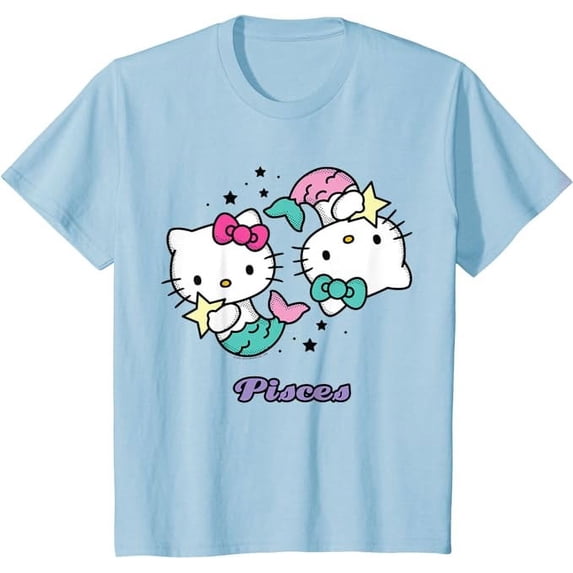Hello Kitty Zodiac Pisces Youth T-Shirt, Cute Tee For Boys Girls Kids Toddler Cat Lovers, Light Blue Color, Size XL