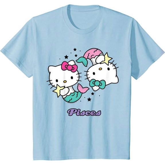 Hello Kitty Zodiac Pisces Youth T-Shirt, Cute Tee For Boys Girls Kids Toddler Cat Lovers, Light Blue Color, Size XS
