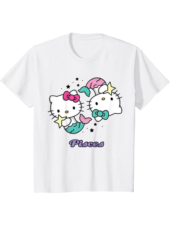 Hello Kitty Zodiac Pisces Youth T-Shirt, Cute Tee For Boys Girls Kids Toddler Cat Lovers, White Color, Size M