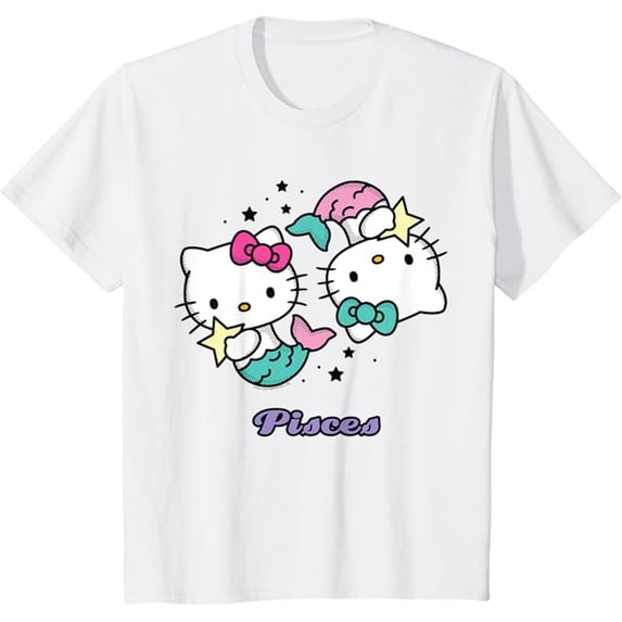 Hello Kitty Zodiac Pisces Youth T-Shirt, Cute Tee For Boys Girls Kids Toddler Cat Lovers, White Color, Size XS