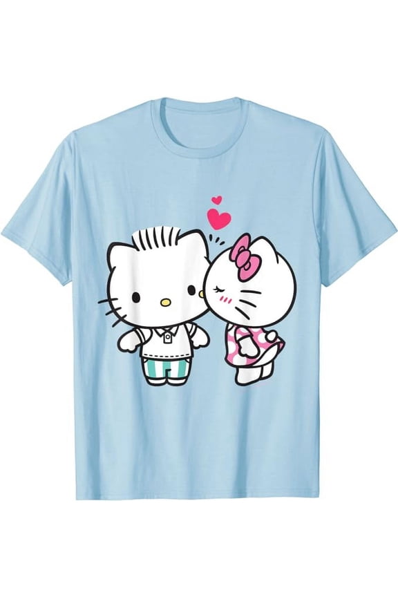 Hello Kitty and Dear Daniel Kiss T-Shirt, Cute Tee For Men Women Cat Lover, Light Blue Color, Size M