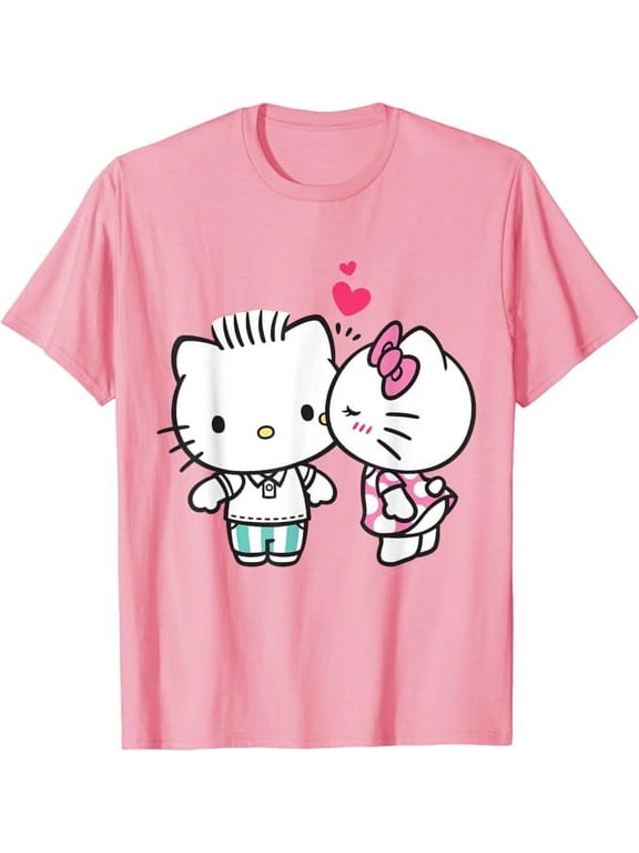 Hello Kitty and Dear Daniel Kiss T-Shirt, Cute Tee For Men Women Cat Lover, Light Pink Color, Size M