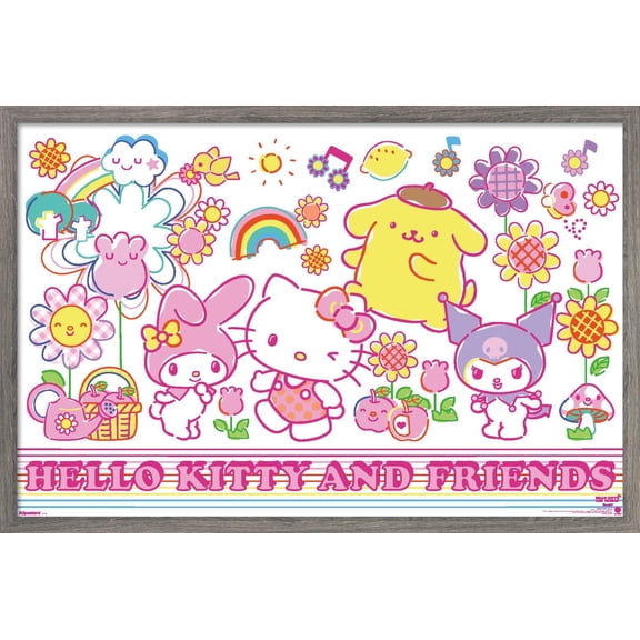 Hello Kitty and Friends: 2024 Garden Doodle - Flowers Wall Poster, 14.725" x 22.375" Framed