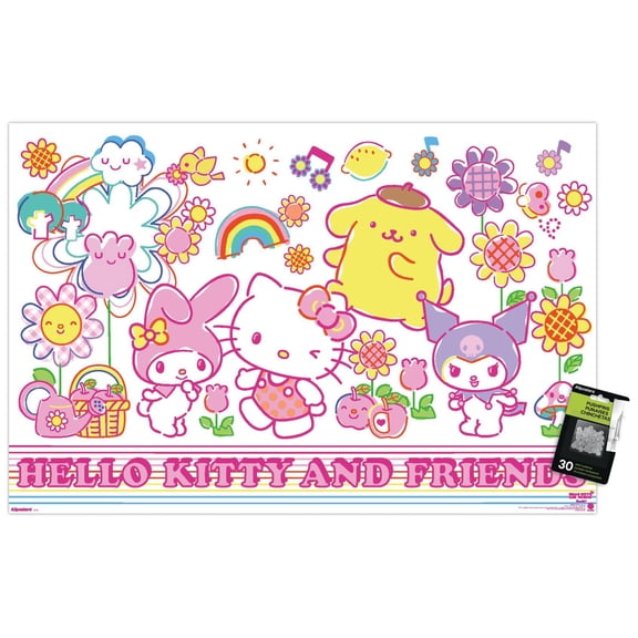 Hello Kitty and Friends: 2024 Garden Doodle - Flowers Wall Poster with Push Pins, 22.375" x 34"