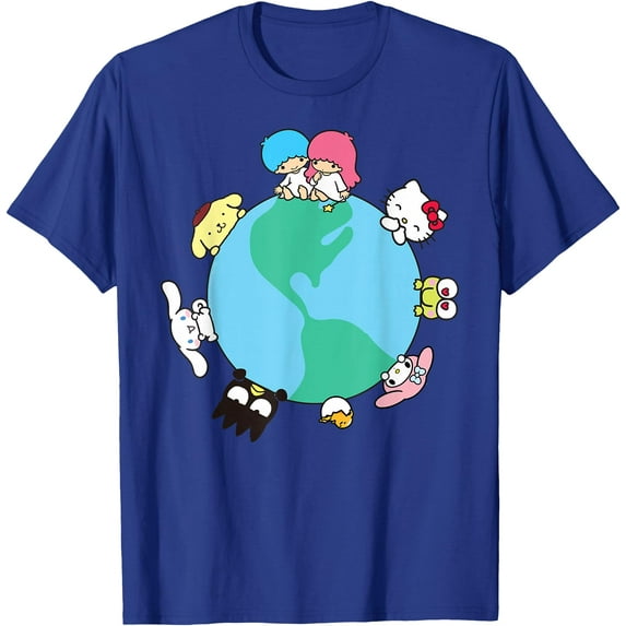 Hello Kitty and Friends Cute Together Earth DTG Print Unisex T-Shirt,Royal Blue Color,Size 5-6T