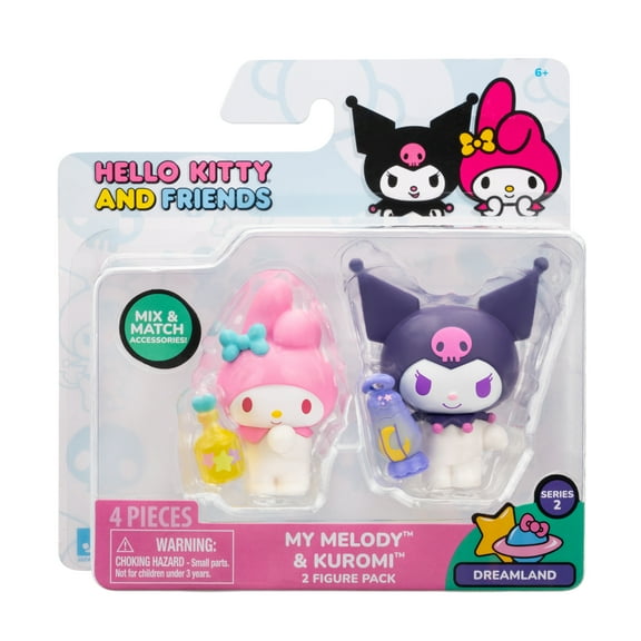 Hello Kitty and Friends Dreamland 2 Figure Pack - 2 inch My Melody and Kuromi Figures with Two Accessories