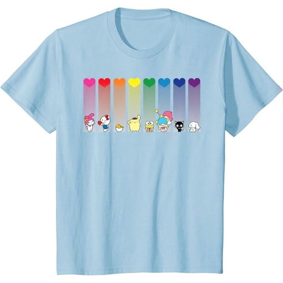 Hello Kitty and Friends Rainbow Hearts Youth T-Shirt Funny Cute Kitten Tee For Boys Girls Kids Toddler, Light Blue Color, Size XS