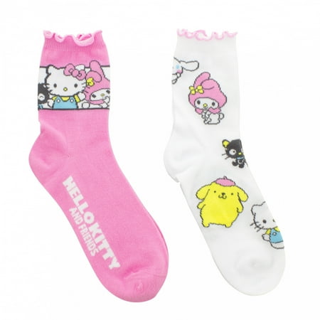 Hello Kitty 884001 Hello Kitty & Friends Sanrio Womens Ribbed Lettuce Socks, Multi Color - Pack of 2