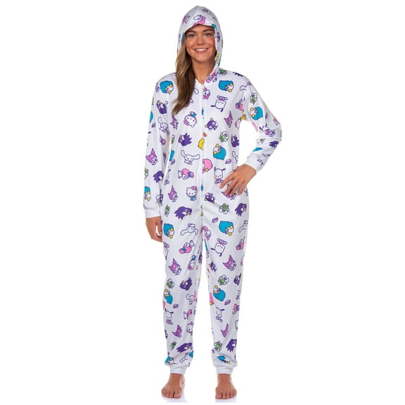 Hello Kitty and Friends Women's Allover Character Design Hooded Zip Up Footless Union Suit Pajama Sleepwear with Pockets