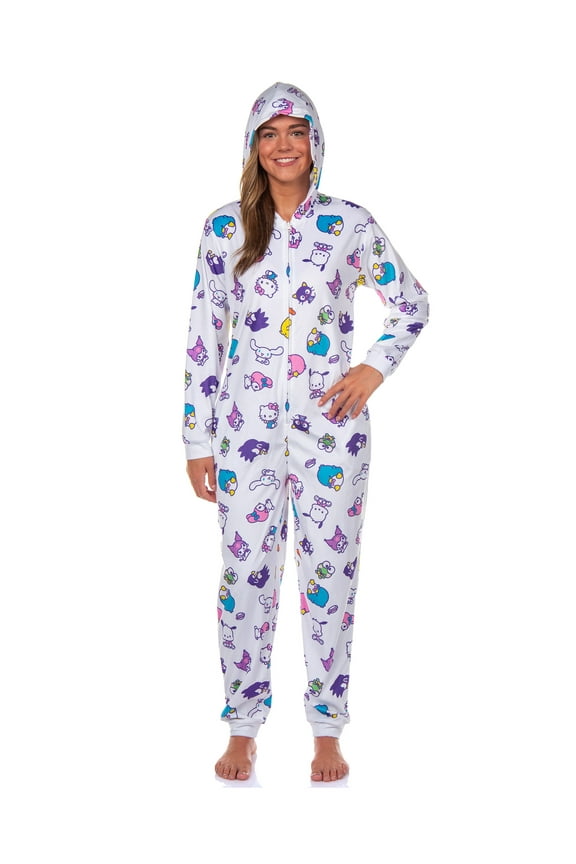 Hello Kitty and Friends Women's Allover Character Design Hooded Zip Up Footless Union Suit Pajama Sleepwear with Pockets