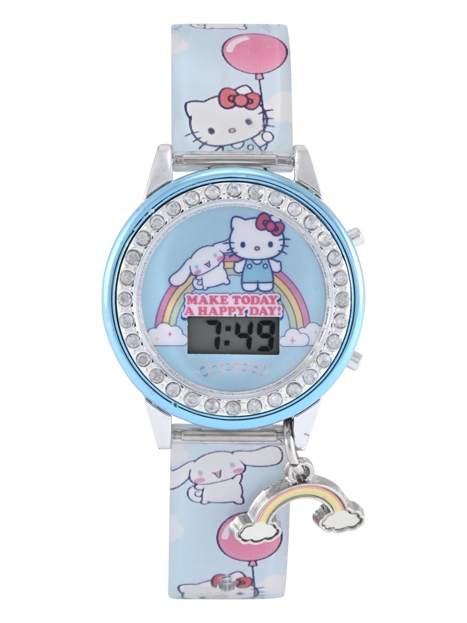 San Rio Hello Kitty and Friends Light Blue Printed Silicone Strap with Metallic Blue Case and Hanging Rainbow Charm; HK4020WM