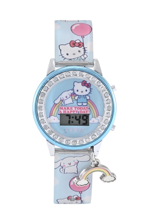 San Rio Hello Kitty and Friends Light Blue Printed Silicone Strap with Metallic Blue Case and Hanging Rainbow Charm; HK4020WM