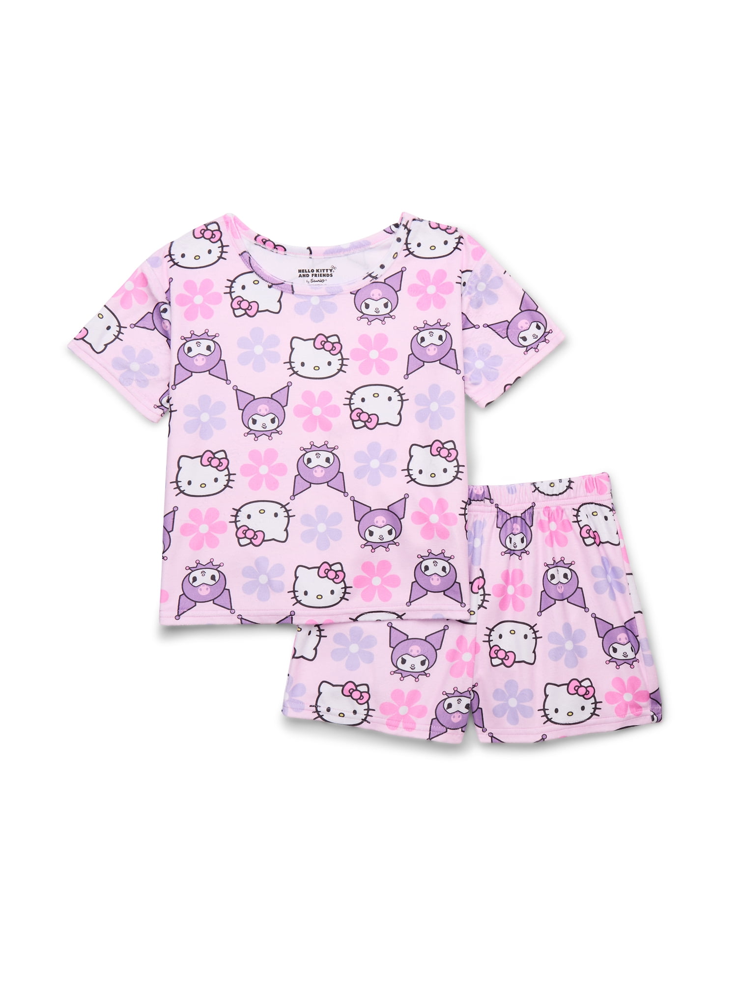 Hello Kitty and Kuromi Girls Short Sleeve Top and Shorts Pajama Set, 2-Piece, Sizes 4-12