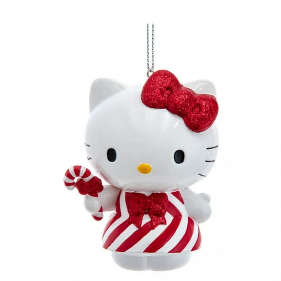 Hello Kitty in Red  and  White Dress with Candy Cane 3.5 Holiday Ornament