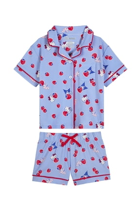 Hello Kitty x Wonder Nation Girls Short Sleeve Notch Collar Top and Short Pajama Set, 2-Piece, Sizes 4-18