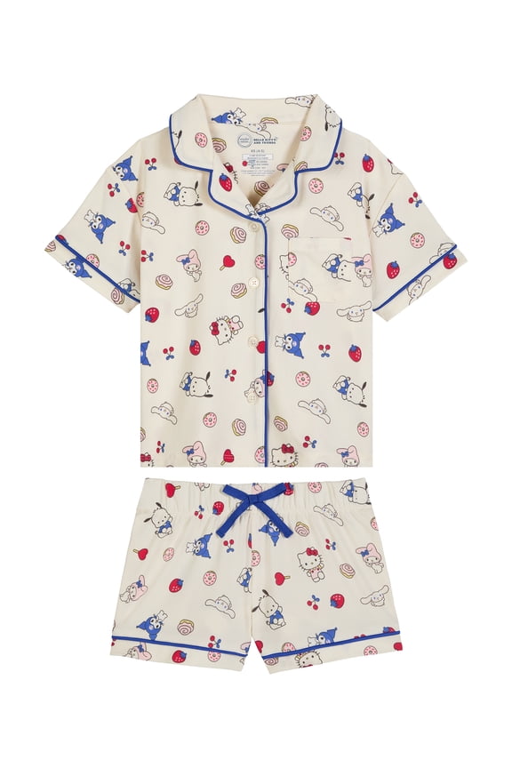 Hello Kitty x Wonder Nation Girls Short Sleeve Notch Collar Top and Short Pajama Set, 2-Piece, Sizes 4-18