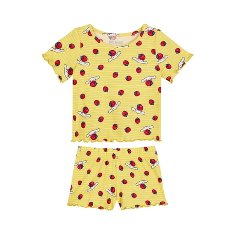 Hello Kitty x Wonder Nation Girls Short Sleeve Pajama Top and Short Ribbed Pajama Set, 2-Piece, Sizes 4-18