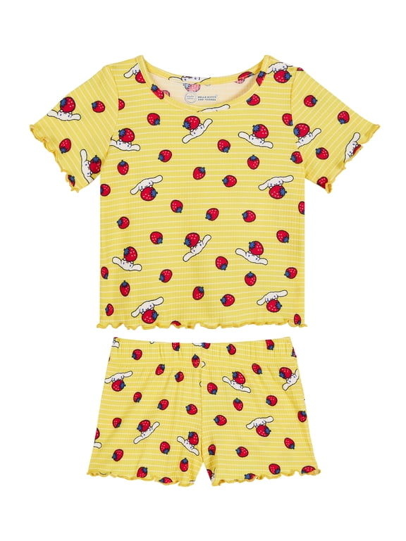 Hello Kitty x Wonder Nation Girls Short Sleeve Pajama Top and Short Ribbed Pajama Set, 2-Piece, Sizes 4-18