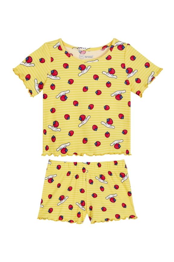 Hello Kitty x Wonder Nation Girls Short Sleeve Pajama Top and Short Ribbed Pajama Set, 2-Piece, Sizes 4-18
