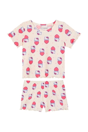 Hello Kitty x Wonder Nation Girls Short Sleeve Pajama Top and Short Ribbed Pajama Set, 2-Piece, Sizes 4-18