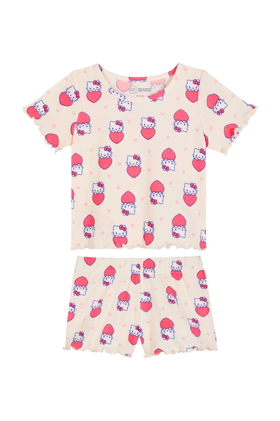 Hello Kitty x Wonder Nation Girls Short Sleeve Pajama Top and Short Ribbed Pajama Set, 2-Piece, Sizes 4-18
