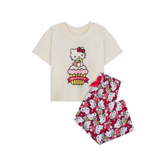 Hello Kitty x Wonder Nation Girls Short Sleeve Top and Sleep Pants Pajama Set, 2-Piece, Sizes 4-18