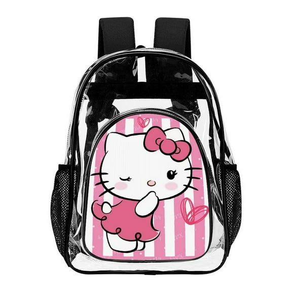 Hello Kitty518 Clear Backpack Transparent Heavy Duty Bookbag Large PVC Laptop Bag Adjustable Shoulder Straps with Mesh Side Pockets for College Work Travel Stadium Concert