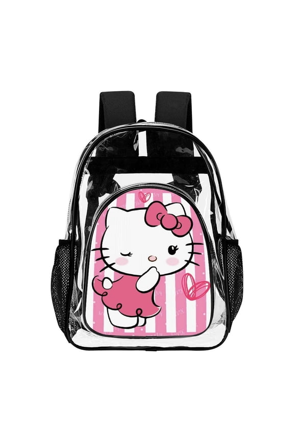 Hello Kitty518 Clear Backpack Transparent Heavy Duty Bookbag Large PVC Laptop Bag Adjustable Shoulder Straps with Mesh Side Pockets for College Work Travel Stadium Concert