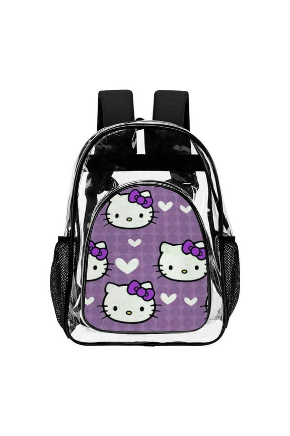 Hello Kitty958 Clear Backpack Transparent Heavy Duty Bookbag Large PVC Laptop Bag Adjustable Shoulder Straps with Mesh Side Pockets for College Work Travel Stadium Concert