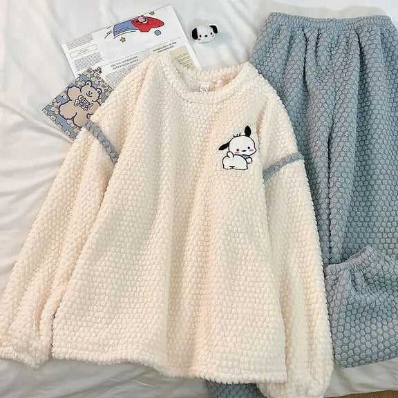 Hello Kittys Sanrio Coral Velvet Pajamas Woman Kawaii Pochacco Anime Cartoon Autumn Winter Keep Warm Round Neck Loungewear Set