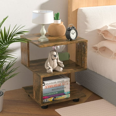 Hello Laura Modern Nightstand Table with Two-Tier Shelves Rustic Wood Tone