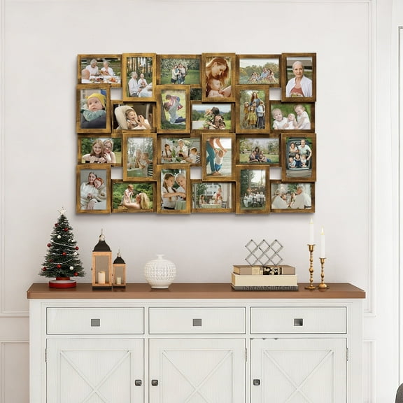 Hello Laura Rustic 24-Socket Retro Gold Collage Photo Frame 4 x 6 Pictures with Large Family and Friend Decor