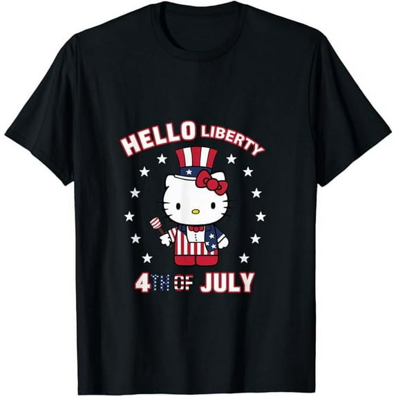 Hello Liberty With Uncle Kitty 4th of July USA Flag T-Shirt, Cute Kitten Tee For Men Women Cat Lovers, Black Color, Size 2XL