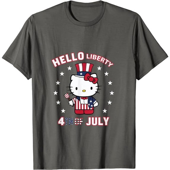 Hello Liberty With Uncle Kitty 4th of July USA Flag T-Shirt, Cute Kitten Tee For Men Women Cat Lovers, Charcoal Color, Size 5XL