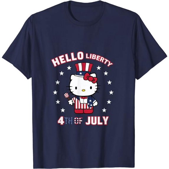 Hello Liberty With Uncle Kitty 4th of July USA Flag T-Shirt, Cute Kitten Tee For Men Women Cat Lovers, Navy Color, Size 3XL