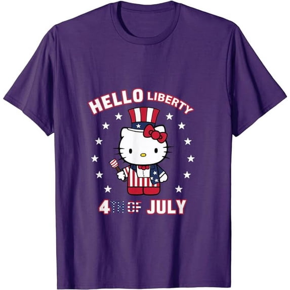 Hello Liberty With Uncle Kitty 4th of July USA Flag T-Shirt, Cute Kitten Tee For Men Women Cat Lovers, Purple Color, Size 4XL