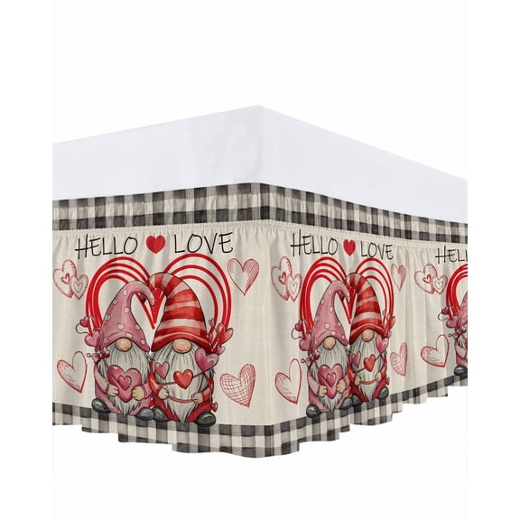 Hello Love Bed Skirt Queen Size 16 Inch Drop, Valentine's Day Gnome Couple Red Line Love Heart Adjustable Elastic Dust Ruffles Bedskirt for Queen Bed Wrap Around Pleated Mattress Frame Cover