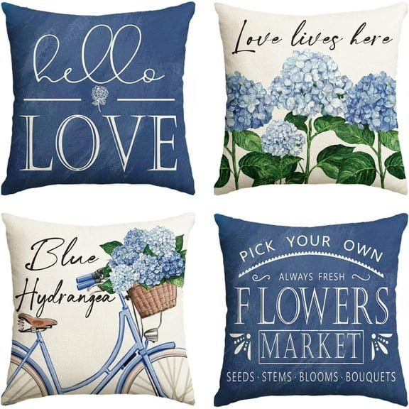 Hello Love Blue Hydrangea Bicycle Throw Pillow Covers, 18 x 18 Inch Flowers Summer Spring Mother''s Day Cushion Case for Sofa Couch Set of 4