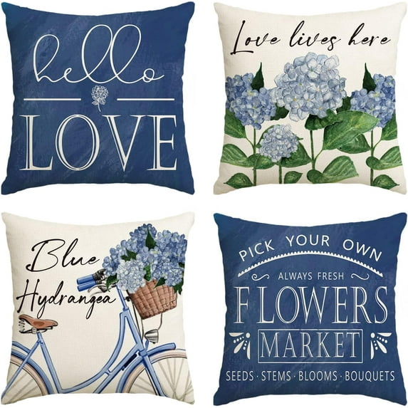 Hello Love Blue Hydrangea Bicycle Throw Pillow Covers, 20 x 20 Inch Flowers Summer Spring Mother''s Day Cushion Case for Sofa Couch Set of 4
