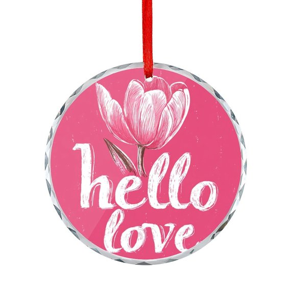 Hello Love Pink Tulips Xmas Ornament for Home Office Xmas Tree Decor Flowers Summer Spring Mother's Day Glass Round Christmas Ornament