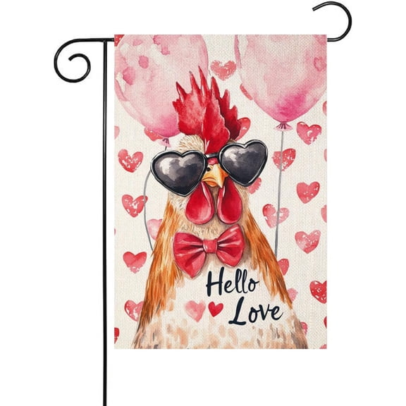 Hello Love Rooster Garden Flag Valentine's Day Small Heart Rose Yard Flag Seasonal Outdoor Decor for Anniversary Wedding Holiday 12x18 Inch(13618)