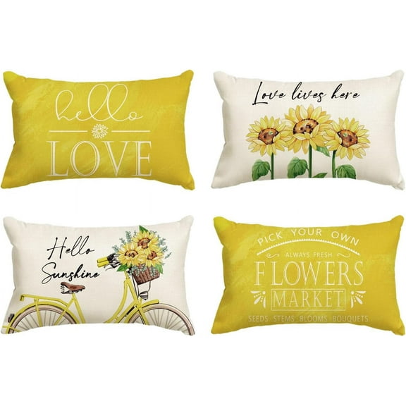 Hello Love Sunflower Bicycle Yellow Throw Pillow Covers, 12 x 20 Inch Flowers Summer Spring Cushion Case for Sofa Couch Set of 4
