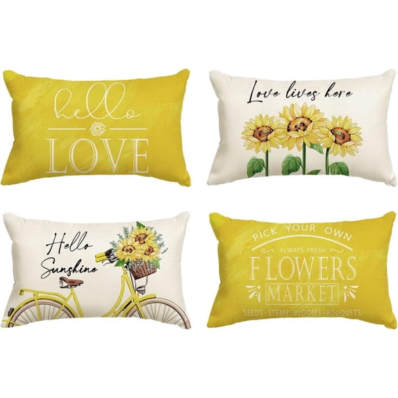 Hello Love Sunflower Bicycle Yellow Throw Pillow Covers, 12 x 20 Inch Flowers Summer Spring Cushion Case for Sofa Couch Set of 4