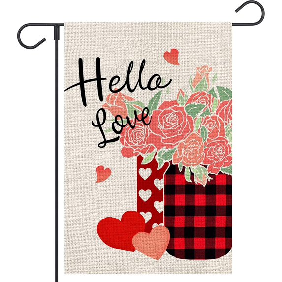 Hello Love Valentines Day Garden Flag Mason Jar 12.5x18 Inch Double Sided Heart Roses Floral Outside Plaid Burlap for Rustic Anniversary Wedding Holiday Yard Outdoor Decoration