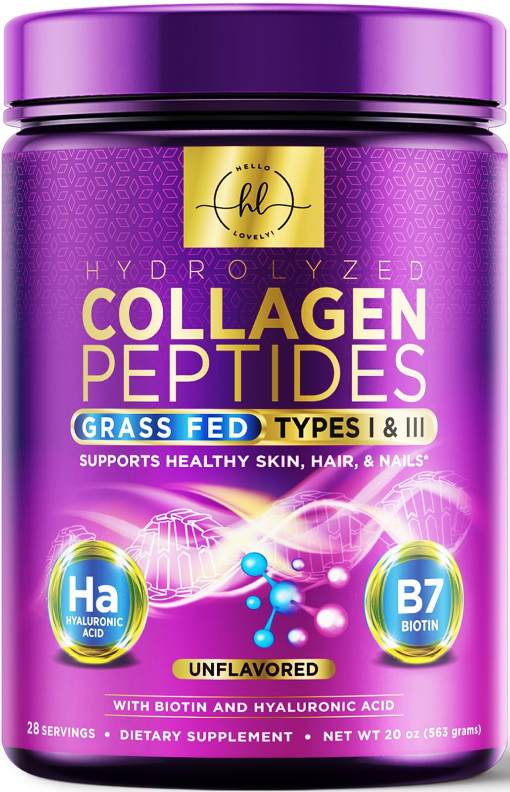Collagen Peptides Powder 20G Per Serving - Grass Fed Hydrolyzed Collagen Powder Type I & III with Hyaluronic Acid & Biotin For Women, Unflavored - Hair, Skin, Nails & Joint Support - 28 Servings
