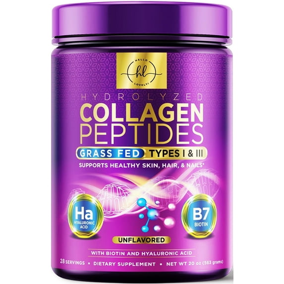 Collagen Peptides Powder 20G - Grass Fed Hydrolyzed Collagen Powder Type I & III with Hyaluronic Acid & Biotin For Women, Unflavored - Hair, Skin, Nails & Joint Support Supplement - 28 Servings