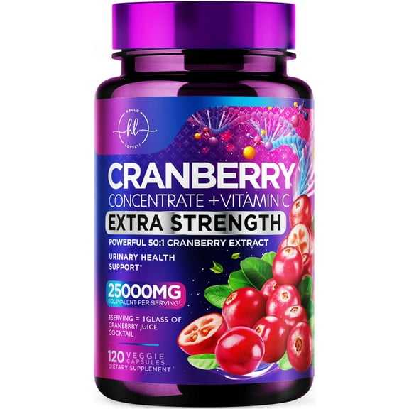 Cranberry Supplement Pills Extract from 25000mg - 3X Strength Concentrated Whole Fruit Cranberry with Vitamin C, Triple Strength for Cleanse & Urinary Tract Health Support, Sugar-Free - 120 Capsules