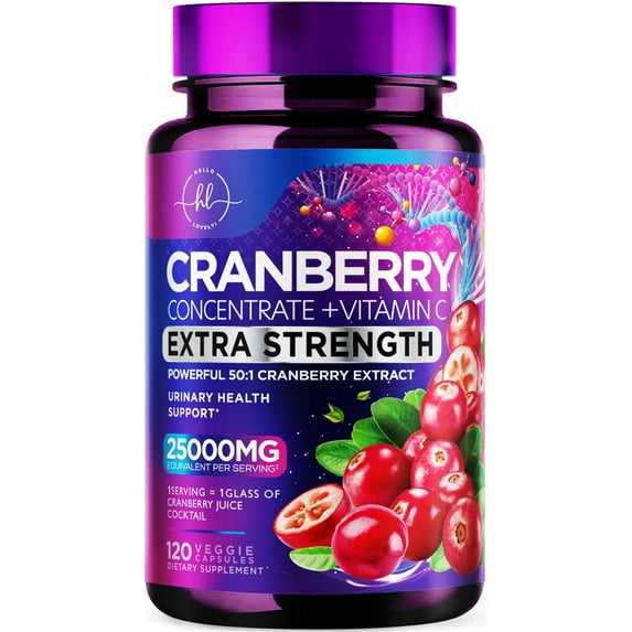 Cranberry Supplement Pills Extract from 25000mg - 3X Strength Concentrated Whole Fruit Cranberry with Vitamin C, Triple Strength for Cleanse & Urinary Tract Health Support, Sugar-Free - 120 Capsules