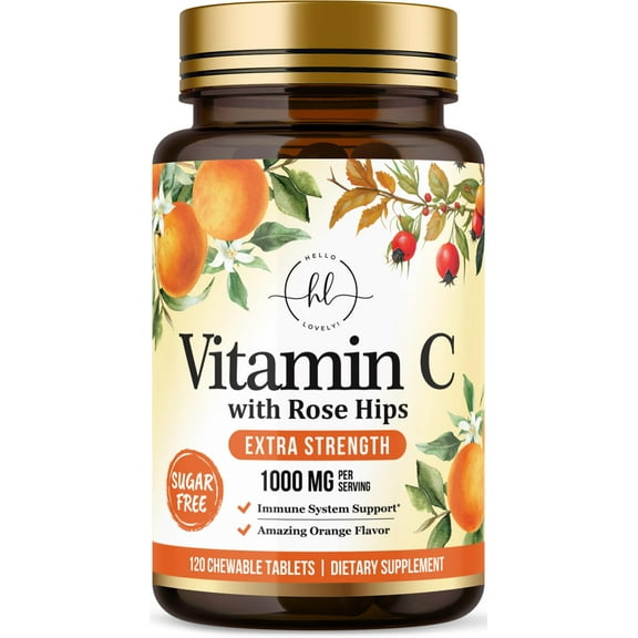 Vitamin C Supplement 1000mg - Extra Strength with Rose Hips Bioflavonoids - Sugar Free Vitamin C Chewable Pills, Nature's Vit C for Immune Support & Antioxidant Protection - 120 Chewable Tablets