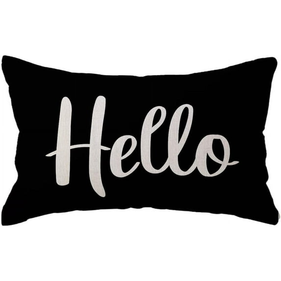 Hello Lumbar Throw Pillow Covers 12 x 20 Inch Farmhouse Rustic Decorative Rectangular Cushion Covers for Front Porch Welcome Decor Perfect Housewarming Gifts (Black)